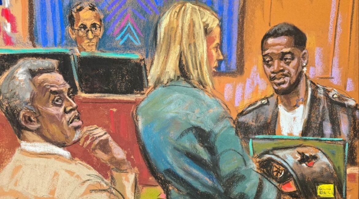 Prosecutor Emily Johnson questions rapper Kid Cudi as he testifies at Sean "Diddy" Combs' sex trafficking trial in New York City, New York, U.S., May 22, 2025 in this courtroom sketch. (Reuters File)