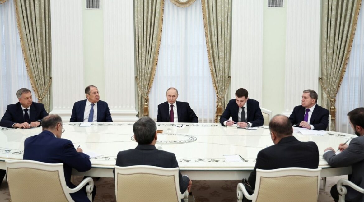 Russian President Vladimir Putin attends a meeting with Iranian Foreign Minister Abbas Araqchi, as Head of the Russian General Staff's Main Intelligence Directorate Igor Kostyukov, Russian Foreign Minister Sergei Lavrov and Presidential Aide Yury Ushakov sit nearby, at the Kremlin in Moscow, Russia June 23, 2025. Sputnik/Alexander Kazakov/Pool via REUTERS
