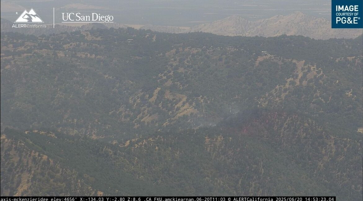 The Ruth Fire in Yokuts Valley has burned 14 acres, destroyed one structure on Friday, June 20, 2025,, and is 20% contained as firefighters continue battling the blaze in steep terrain. (CalFire)