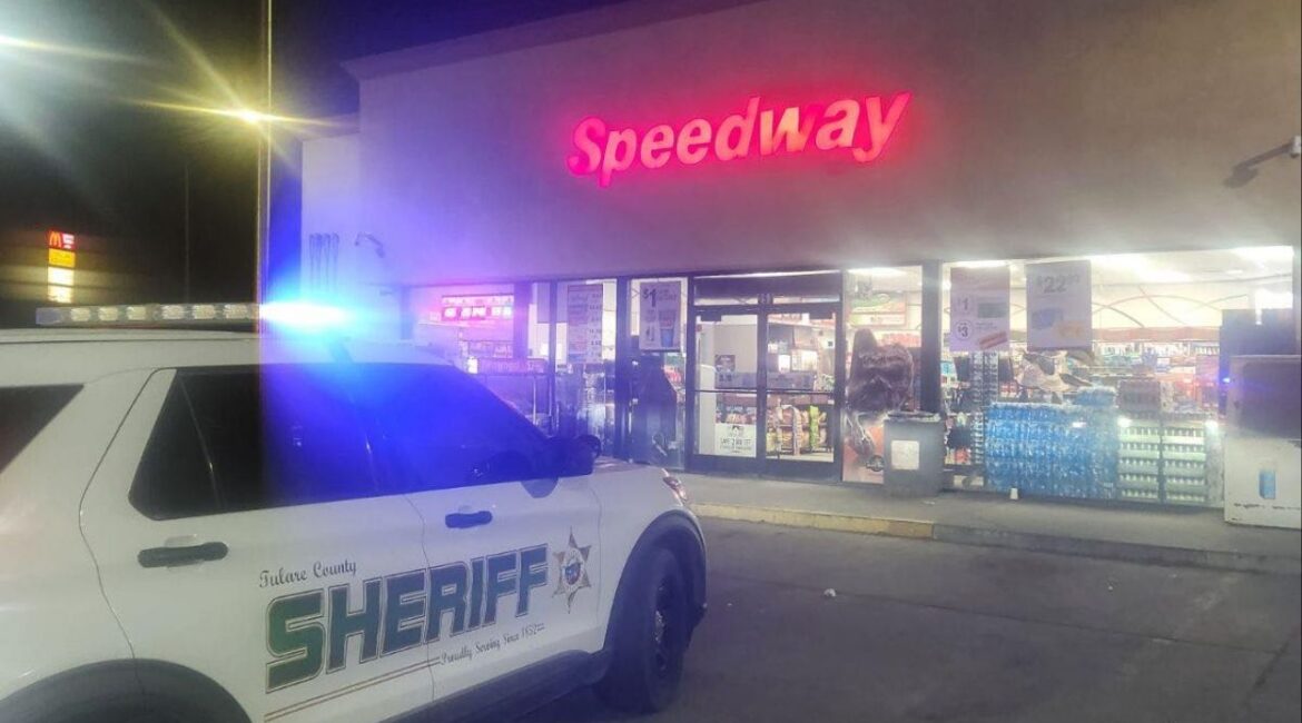 Two armed suspects robbed customers and a clerk at a gas station in Earlimart Wednesday, June 25, 2025, night before fleeing in a blue vehicle. (Tulare County SO)