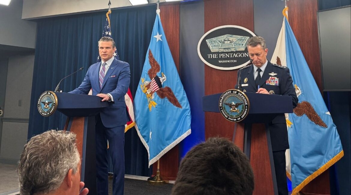 U.S. Defense Secretary Pete Hegseth and Chairman of the Joint Chiefs of Staff Air Force General Dan Caine, speak during a press conference at the Pentagon in Arlington, Virginia, U.S., June 26, 2025. (Reuters/Idrees Ali)