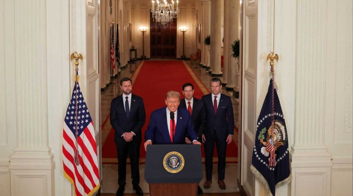 U.S. President Donald Trump delivers an address to the nation alongside U.S. Vice President JD Vance, U.S. Secretary of State Marco Rubio and U.S. Defense Secretary Pete Hegseth at the White House in Washington, D.C., U.S., June 21, 2025, following U.S. strikes on Iran's nuclear facilities. REUTERS/Carlos Barria/Pool