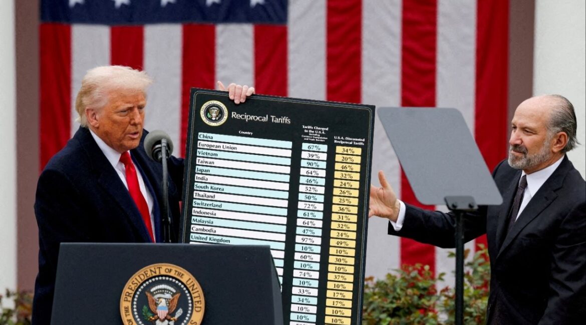 U.S. President Donald Trump holds a chart next to U.S. Secretary of Commerce Howard Lutnick as Trump delivers remarks on tariffs in the Rose Garden at the White House in Washington, D.C., U.S., April 2, 2025. REUTERS/Carlos Barria/File Photo