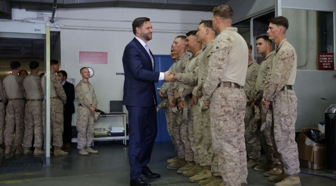 U.S. Vice President JD Vance greets U.S. Marines at the Wilshire Federal Building in Los Angeles, California, U.S., June 20, 2025. (Reuters/Daniel Cole)