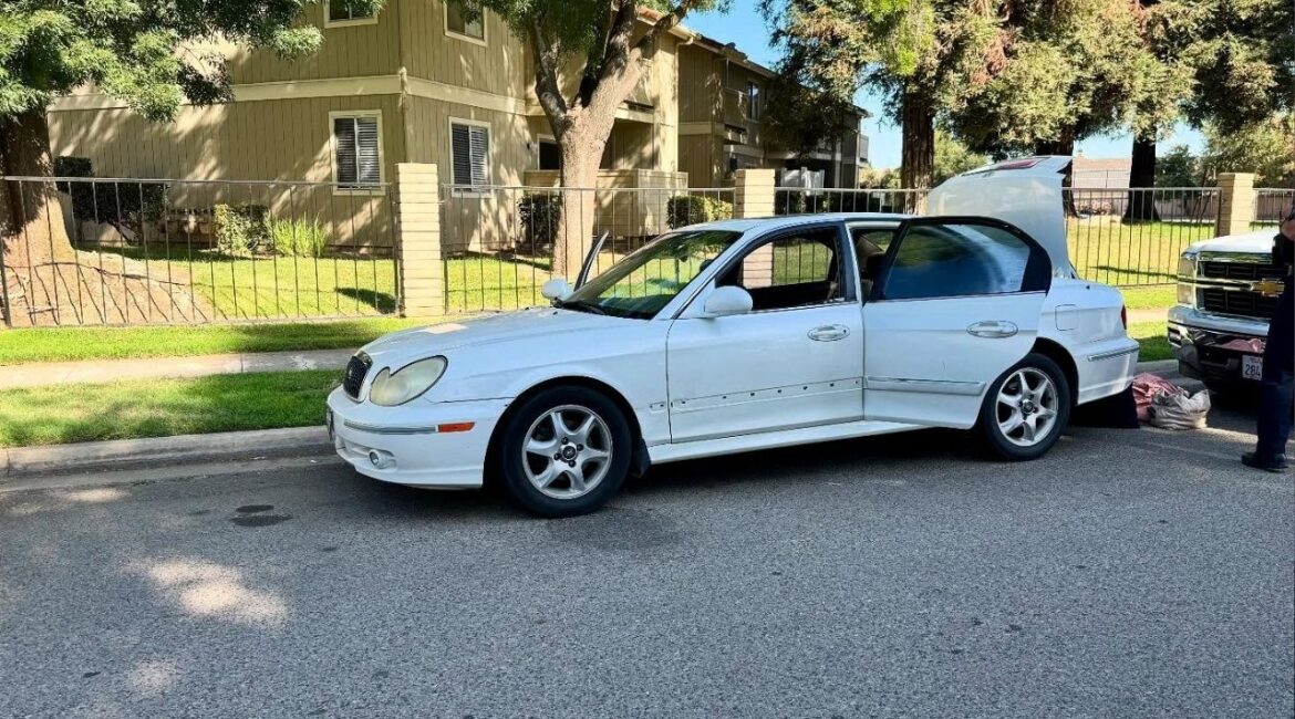 Visalia police arrested three people found sleeping in a stolen vehicle containing fentanyl and a loaded, stolen gun, including a parolee who fled on foot, on Friday, June 20, 2025. (Visalia PD)