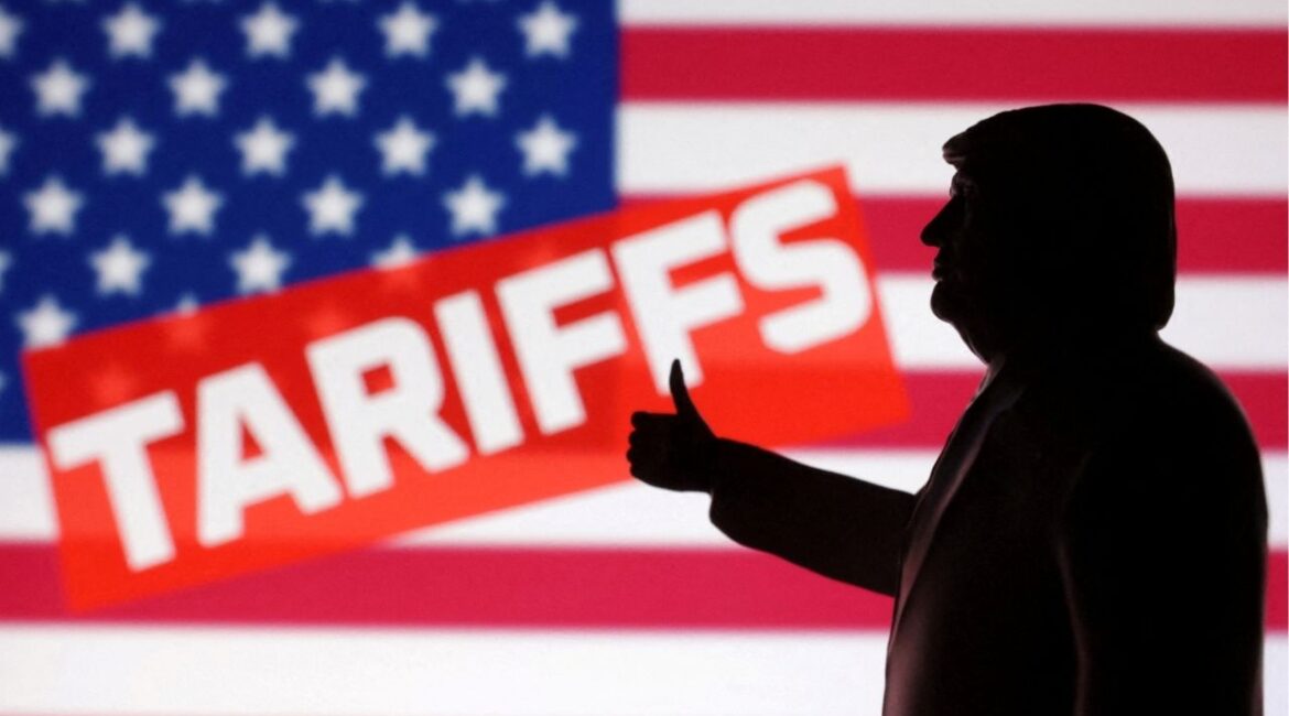 A 3D-printed miniature model depicting U.S. President Donald Trump, U.S. flag and word "Tariffs" in this illustration taken, April 17, 2025. (Reuters File)
