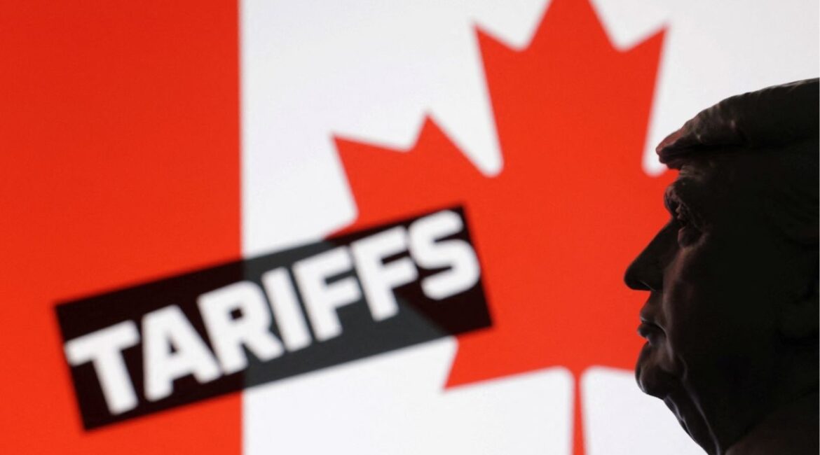 A 3D-printed miniature model of U.S. President Donald Trump, the Canada flag and the word "Tariffs" are seen in this illustration taken July 23, 2025. (Reuters/Dado Ruvic/Illustration)