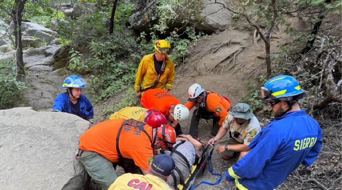 A Southern California woman was airlifted to safety Sunday, July 13, 2025, after injuring her ankle while hiking near Corlieu Falls on the Lewis Creek Trail in Madera County. (Madera County SO)