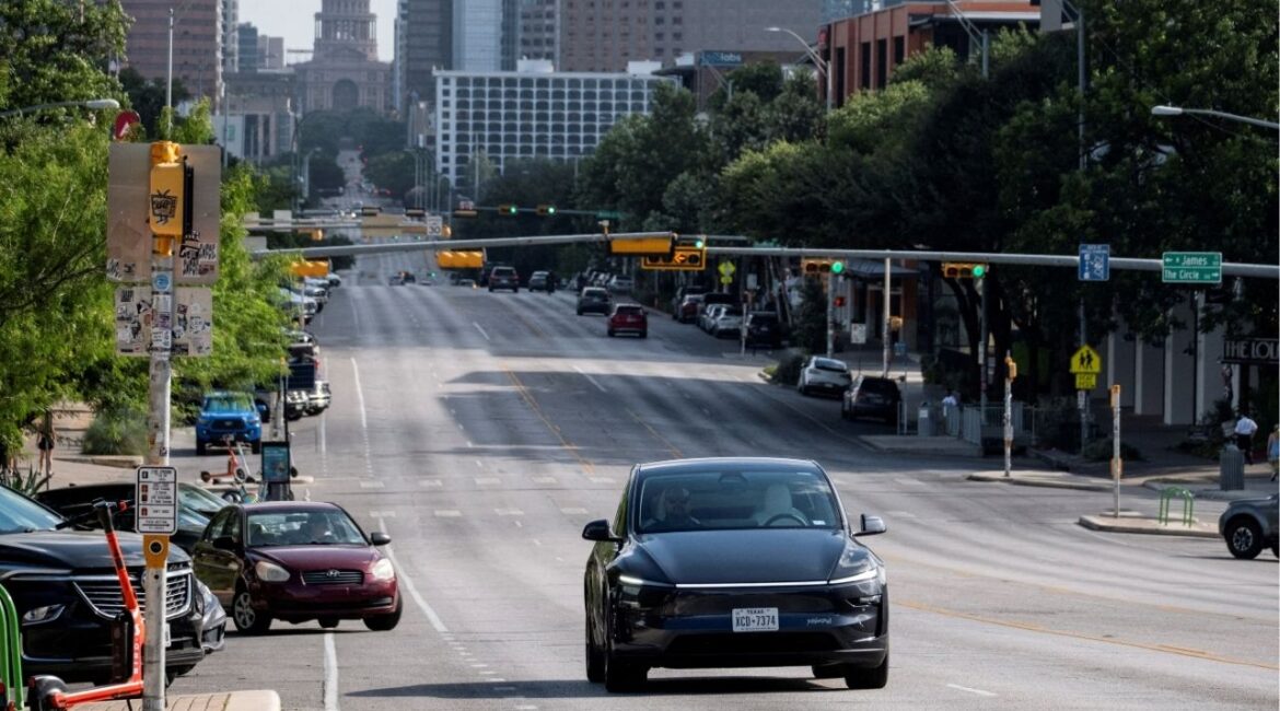 A Tesla robotaxi drives on the street along South Congress Avenue in Austin, Texas, U.S., June 22, 2025. (Reuters File)