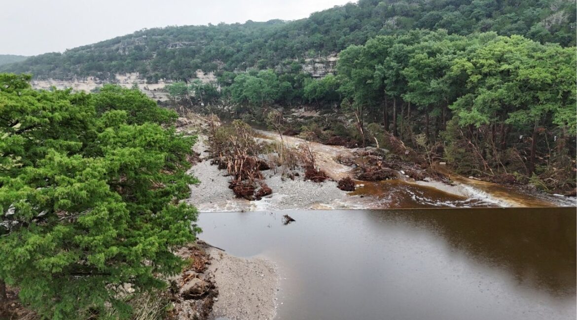 A drone view shows the Guadalupe River and damage from flooding near Camp Mystic, in Hunt, Texas, U.S. July 6, 2025. (Reuters/Evan Garcia)
