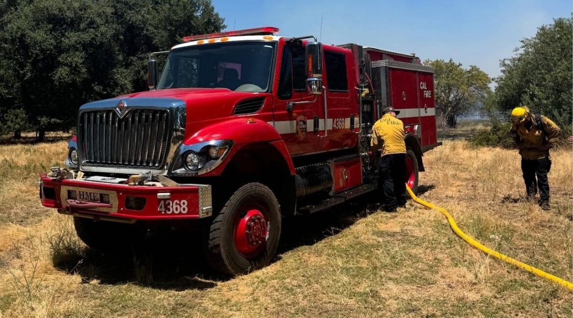 A grass fire east of Sanger burned 21 acres Tuesday, July 15, 2025, afternoon before being contained, CalFire said. (CalFire)