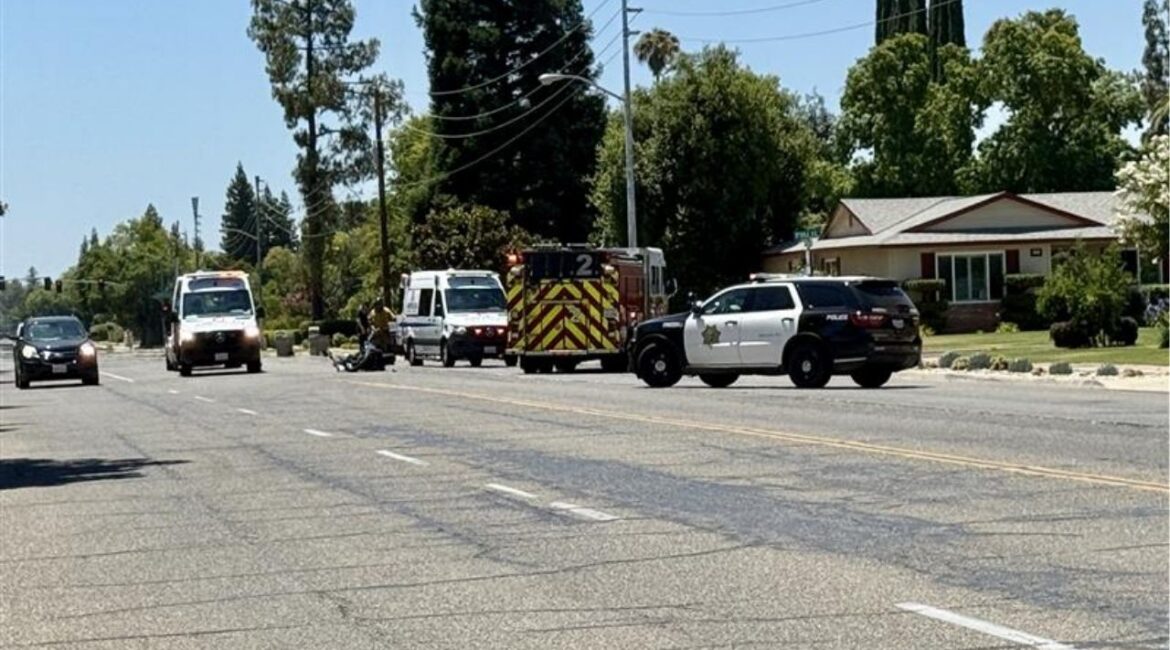 A motorcyclist was lost control of their motorcycle Wednesday, July 9, 2025, afternoon after losing control and crashing near Fruit and Palo Alto in Fresno, while the passenger was able to walk away. (GV Wire/Paul Marshall)