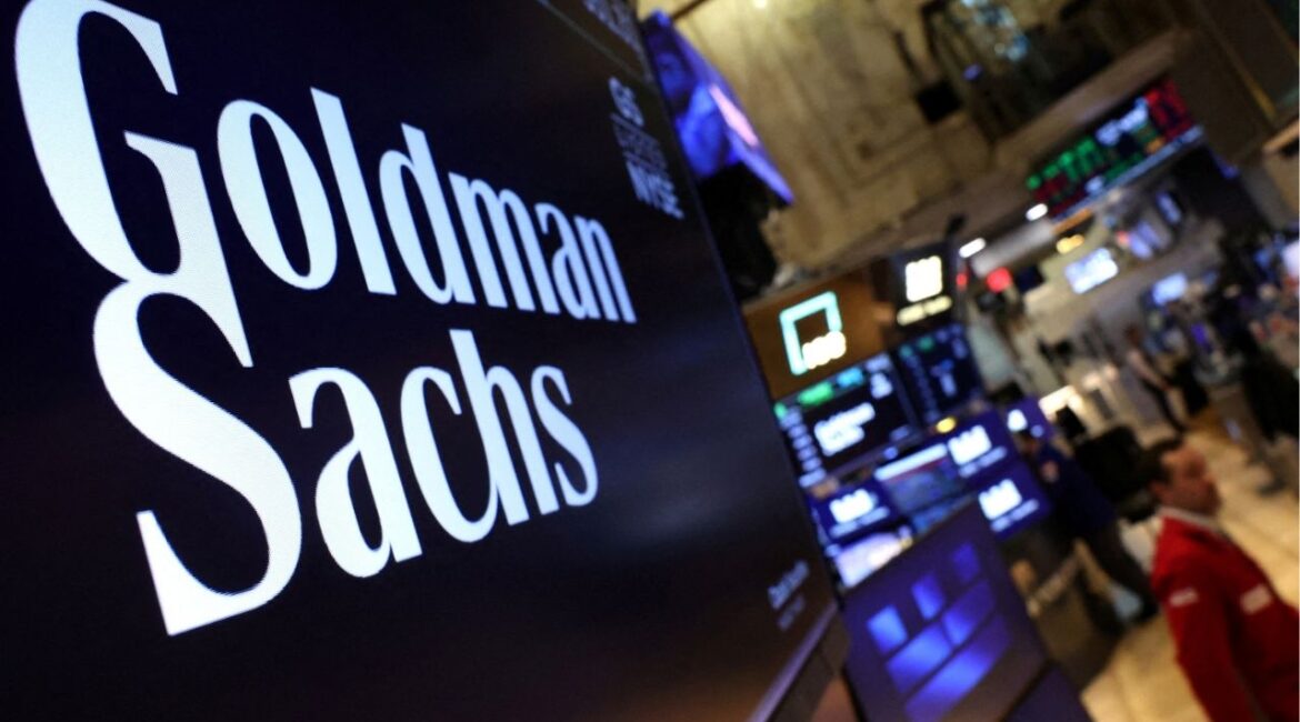A screen displays the the company logo for Goldman Sachs on the floor at the New York Stock Exchange (NYSE) in New York City, U.S., May 7, 2025. (Reuters File)