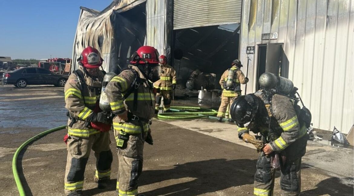 A three-alarm commercial building fire near Tipton on Thursday, July 31, 2025, prompted a large response from Tulare and Kings County fire crews, with no injuries reported and the cause under investigation. (Tulare County FD)