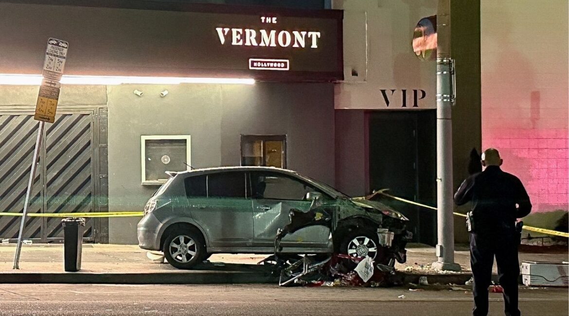 A vehicle that plunged into a crowd outside a nightclub, injuring dozens, is seen on Santa Monica Boulevard in the East Hollywood neighborhood of Los Angeles, California, U.S., July 19, 2025. REUTERS/Jorge Garcia