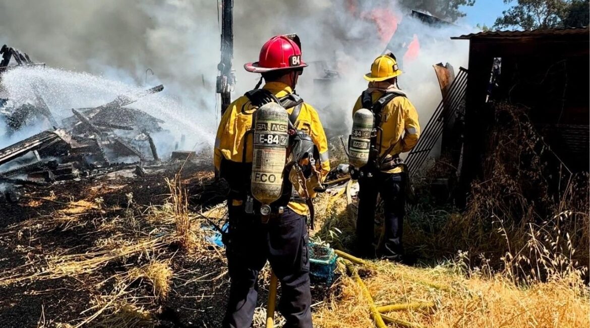 A wind-driven fire north of Reedley destroyed a mobile home, RV, and two outbuildings before crews contained it at 20 acres Wednesday, July 9, 2025, afternoon, CalFire Fresno County said. (CalFire)