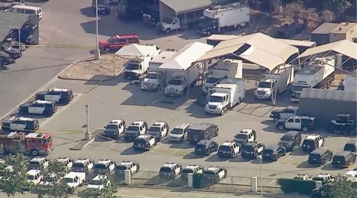 An area where an explosion took place at a Los Angeles County Sheriff's Department's Biscailuz Center Academy Training facility is sealed off in east Los Angeles, California, U.S. July 18, 2025 in a still image from video. ABC Affiliate KABC via REUTERS