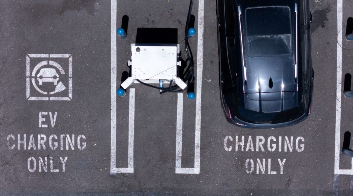 An electric vehicle charging location is shown from the view of a drone in Carlsbad, California, U.S., May 14, 2025. (Reuters File)