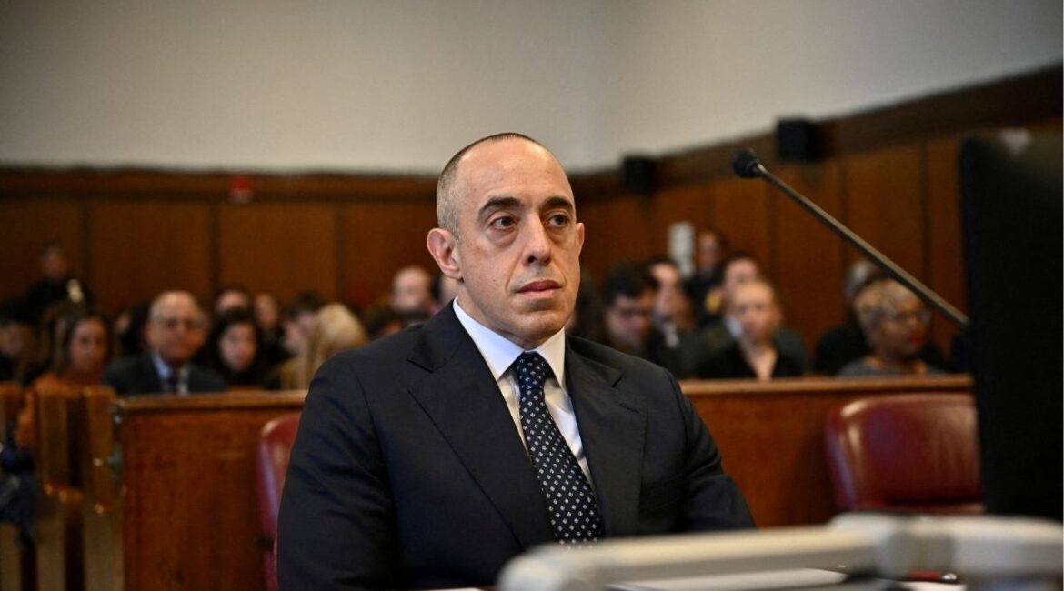 Attorney Emil Bove looks on as U.S. President-elect Donald Trump appears remotely for a sentencing hearing in front of New York State Judge Juan Merchan in the criminal case in which he was convicted in 2024 on charges involving hush money paid to a porn star, at New York Criminal Court in Manhattan in New York City, U.S., on January 10, 2025.