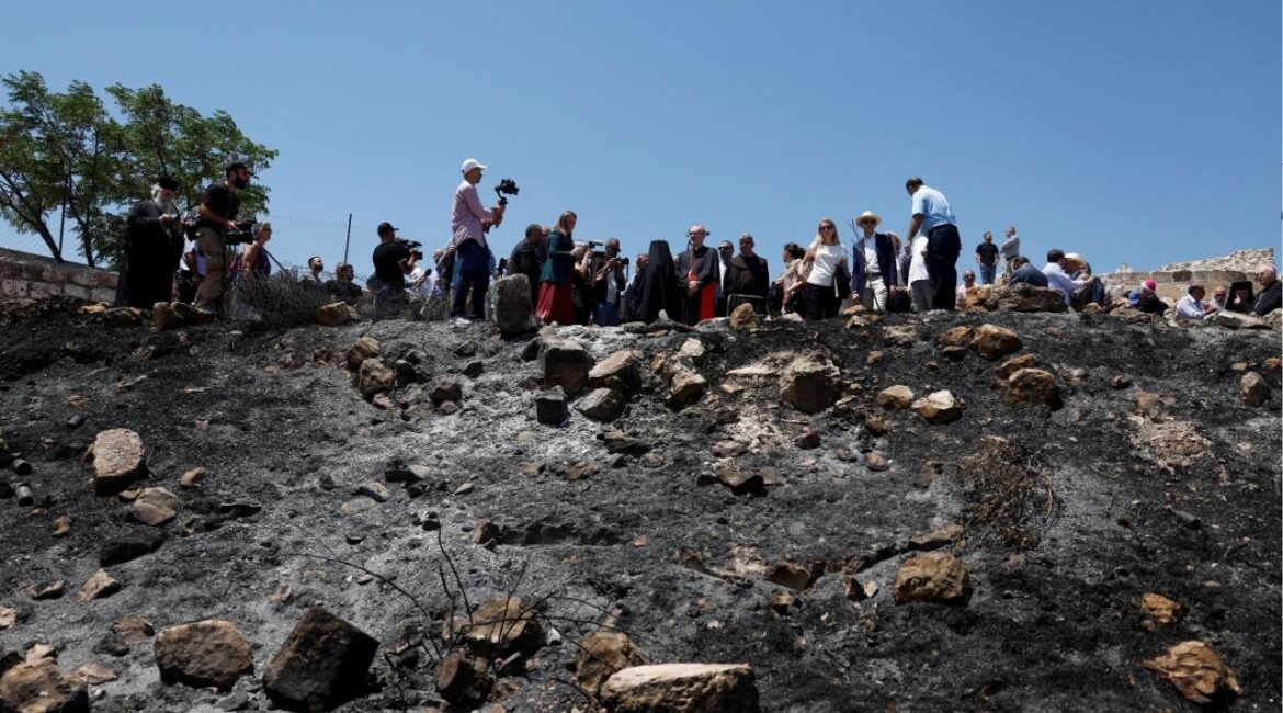 Church leaders and diplomatic envoys visit the town of Taybeh, a Chrisian village in the Israeli-Occupied West Bank, following settler attacks, July 14, 2025. (Reuters/Mohammed Torokman)