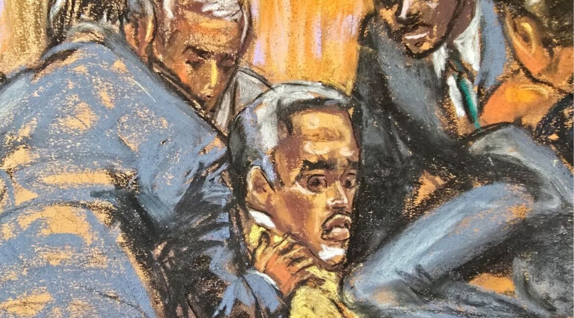Defense lawyers comfort Sean "Diddy" Combs while discussing how to handle a note sent by jurors that they had reached a verdict on four of the five counts against him, during Combs' sex trafficking trial in New York City, New York, U.S., July 1, 2025, in this courtroom sketch. (Reuters/Jane Rosenberg)