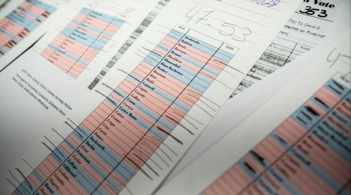 Documents tracking Senate votes are seen at the U.S. Capitol as Republican lawmakers struggle to pass U.S. President Donald Trump's sweeping spending and tax bill, on Capitol Hill in Washington, D.C., U.S., July 1, 2025. (Reuters/Nathan Howard)