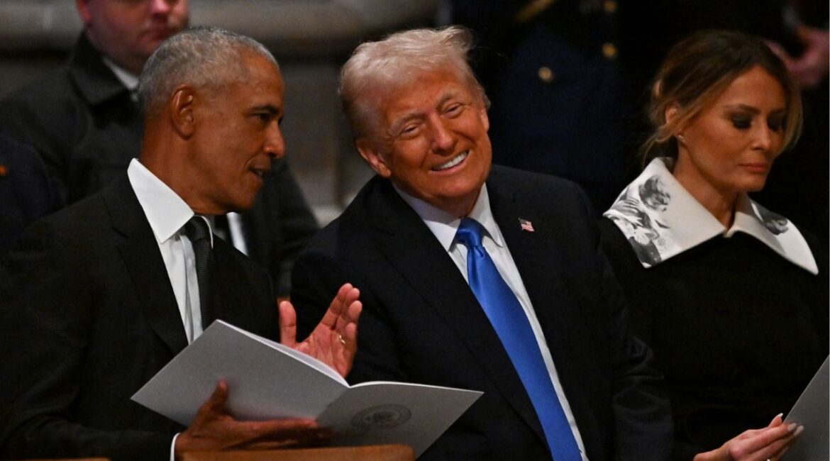 Former U.S. President Barack Obama and U.S. President-elect Donald Trump speak at an event in Washington, D.C. on January 9, 2025. (Reuters File)