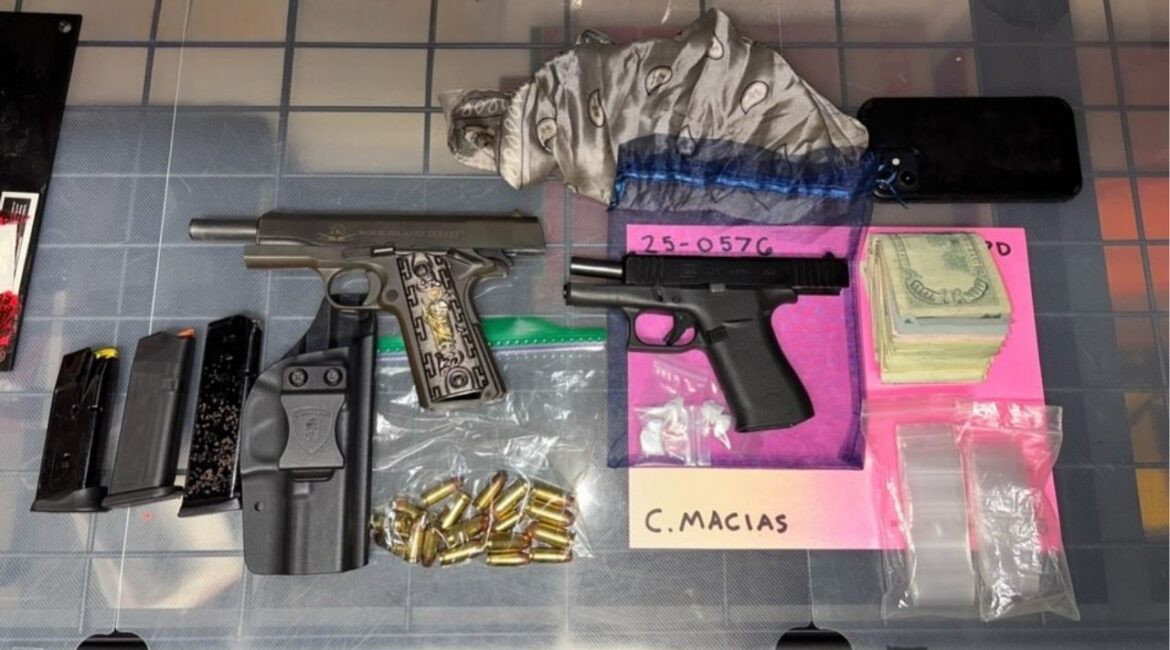 Fresno County authorities helped Fowler police arrest a suspect on Thursday, July 31, 2025, and seize stolen firearms, drugs, ammunition, and cash following a grand theft investigation. (Fowler PD)