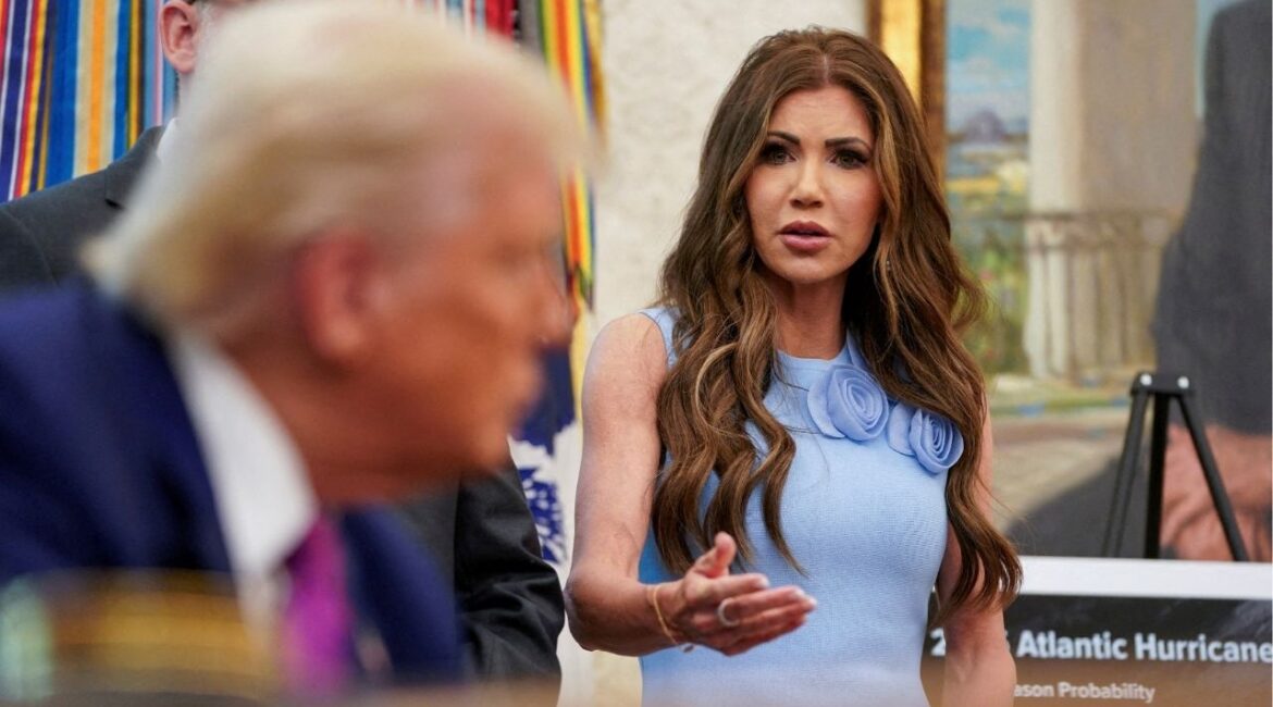 Homeland Security Secretary Kristi Noem speaks about the Federal Emergency Management Agency next to U.S. President Donald Trump, in the Oval Office at the White House, in Washington, D.C., U.S., June 10, 2025. (Reuters File)