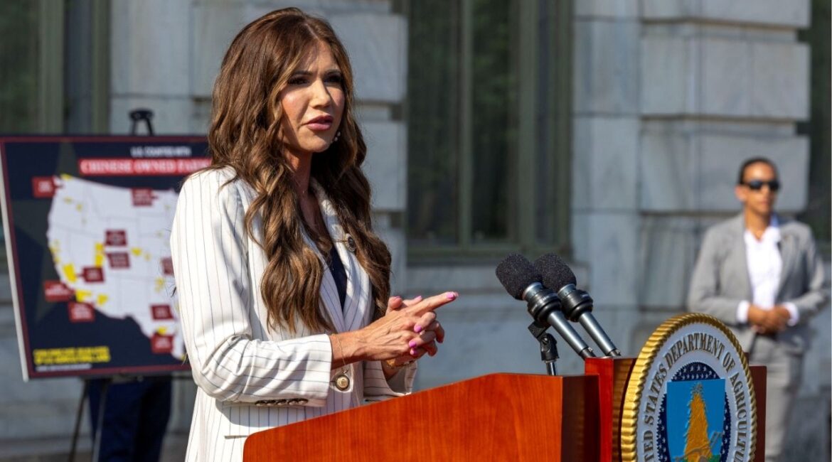 Homeland Security Secretary Kristi Noem speaks during a press conference to discuss the U.S. Department of Agriculture (USDA)'s "National Farm Security Action Plan", outside the USDA in Washington, D.C., U.S., July 8, 2025. (Reuters File)