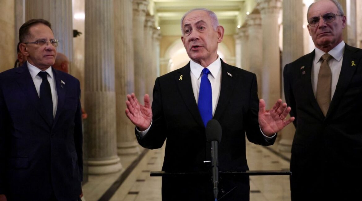 Israeli Prime Minister Benjamin Netanyahu speaks to the press, on Capitol Hill in Washington, D.C. U.S. July 8, 2025. REUTERS/Evelyn Hockstein