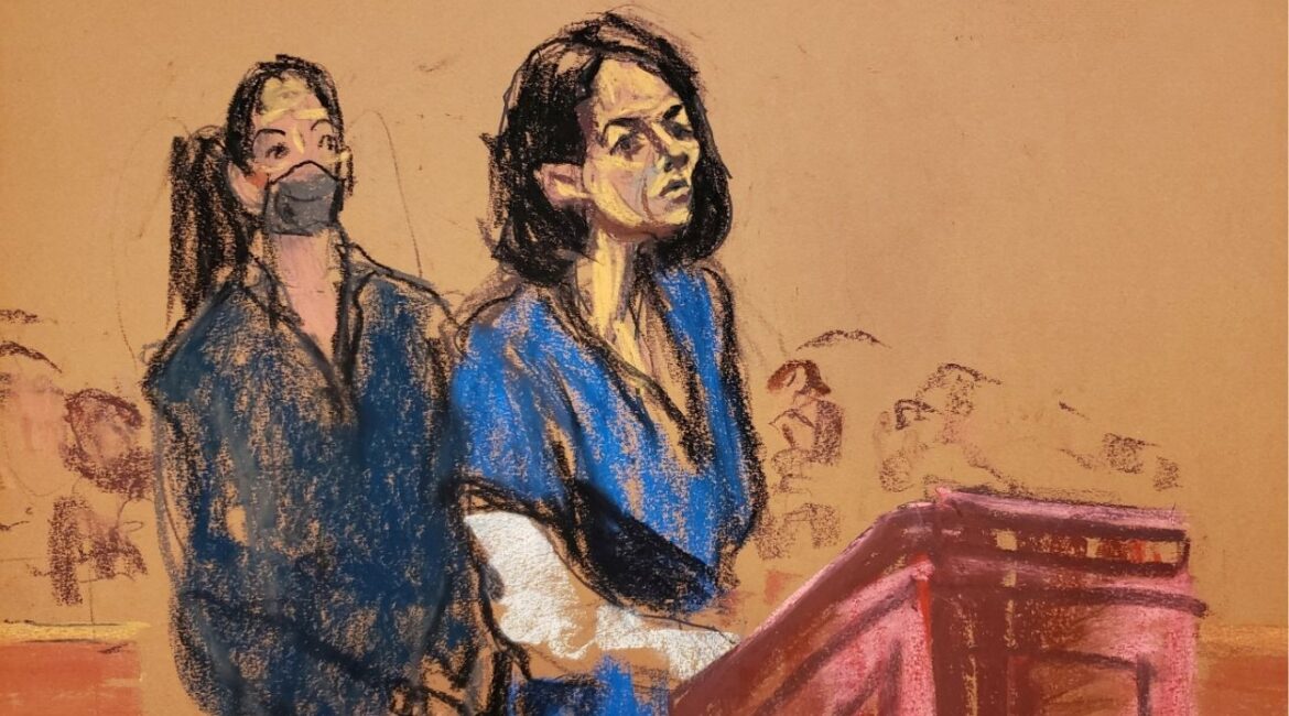 Jeffrey Epstein associate Ghislaine Maxwell stands at the podium to address Judge Alison Nathan during her sentencing in a courtroom sketch in New York City, U.S. June 28, 2022. (Reuters File)