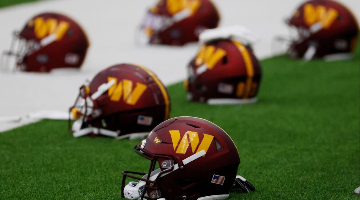May 6, 2022; Ashburn, Virginia, USA; Washington Commanders players' helmets rest on the field during Washington Commanders rookie minicamp at Inova Performance Center In Ashburn, VA. Mandatory Credit: Geoff Burke-USA TODAY Sports/File Photo