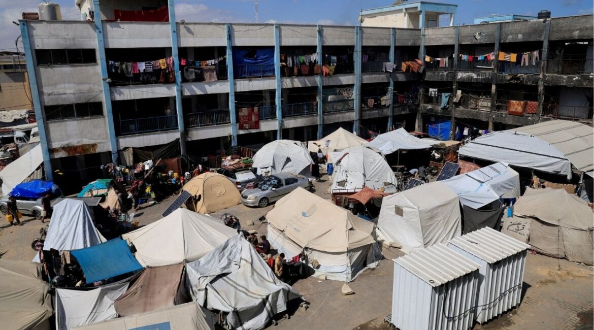 Palestinians, displaced by the Israeli military offensive, shelter in a UNRWA school, in Khan Younis in the southern Gaza Strip, May 28, 2025. (Reuters File)
