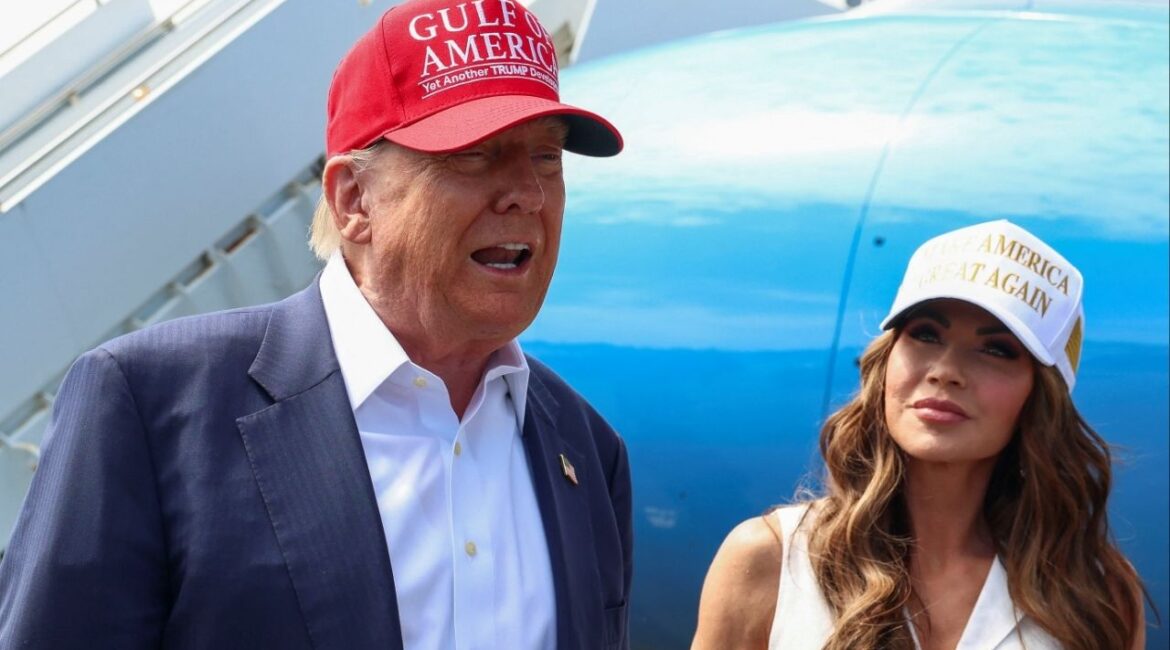 President Donald Trump and U.S. Homeland Security Secretary Kristi Noem speak with the media at the Dade-Collier Training and Transition Airport on the day of the opening of a temporary migrant detention center informally known as "Alligator Alcatraz" in Ochopee, Florida, U.S., July 1, 2025. (Reuters/Evelyn Hockstein)