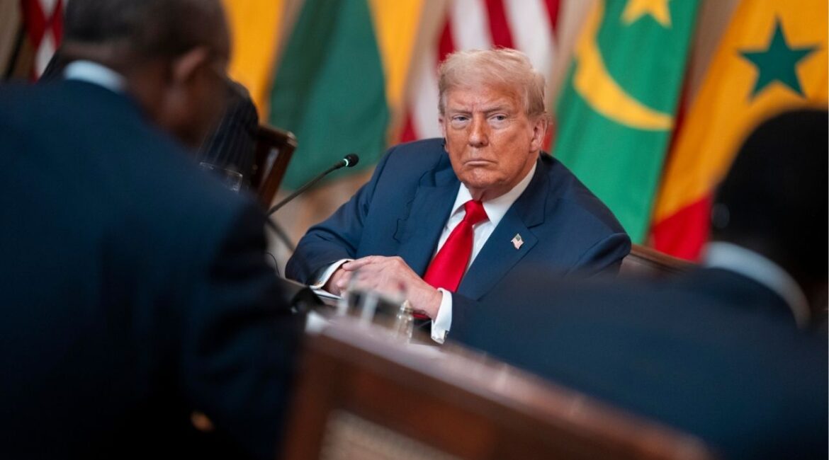 President Donald Trump listens during a multilateral lunch with African leaders in the State Dining Room of the White House in Washington, July 9, 2025. Legal experts described President Trump’s public admonishment as extraordinary, as they questioned whether the president had the authority to issue such tariffs in pursuit of purely political objectives. (Doug Mills/The New York Times)