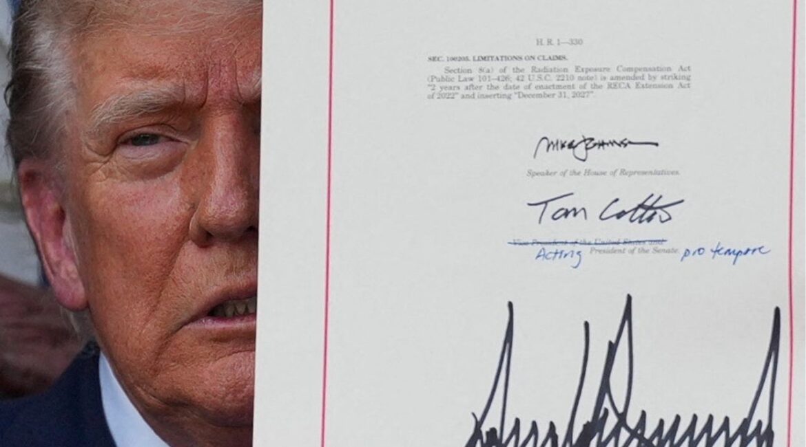 President Donald Trump presents the sweeping spending and tax legislation, known as the "One Big Beautiful Bill Act," after he signed it, at the White House in Washington, D.C., U.S., July 4, 2025. (Reuters File)
