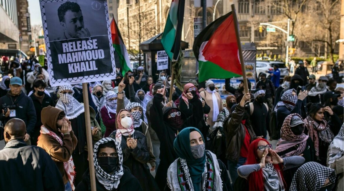 Protesters march near the campus of Columbia University in upper Manhattan to demand the release of Mahmoud Khalil, a Palestinian activist and former Columbia student, on March 14, 2025. A federal judge in Boston on Monday, July 7, 2025, will hear opening statements in a trial expected to present the foremost challenge to the Trump administration’s aggressive posture toward foreign students who espoused pro-Palestinian views. (Dave Sanders/The New York Times)