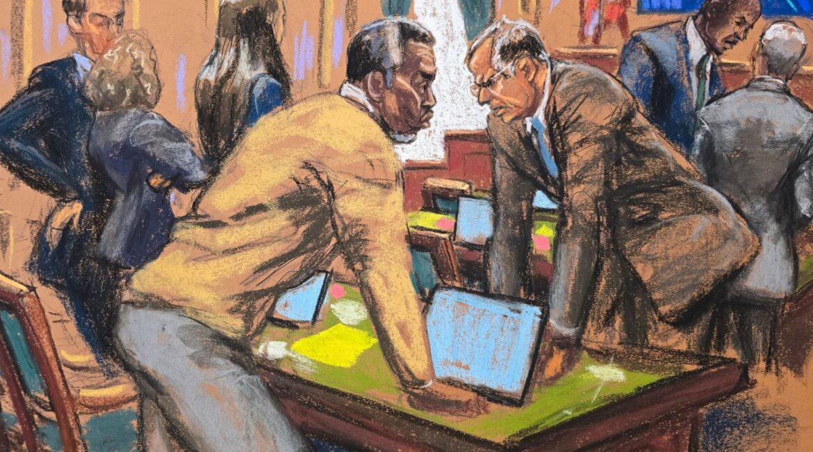Sean "Diddy" Combs and his attorney Marc Agnifilo discuss with other defense lawyers on how to respond to a new note sent by jurors, during Combs' sex trafficking trial in New York City, New York, U.S., July 1, 2025 in this courtroom sketch. REUTERS/Jane Rosenberg