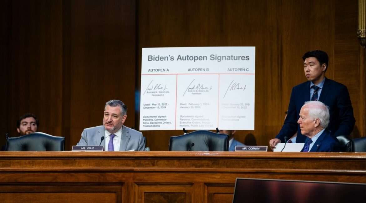 Sen. Ted Cruz (R-Texas) speaks during the Senate Judiciary hearing “Unfit to Serve: How the Biden Cover-Up Endangered America and Undermined the Constitution” in the Dirksen Senate Office Building in Washington, June 18, 2025. Toward the end of his term as president, Biden reduced the sentences of nearly 4,000 federal convicts and pre-emptively pardoned dozens of politically prominent people he saw as potential targets of vindictive criminal investigations by his successor. (Eric Lee/The New York Times)