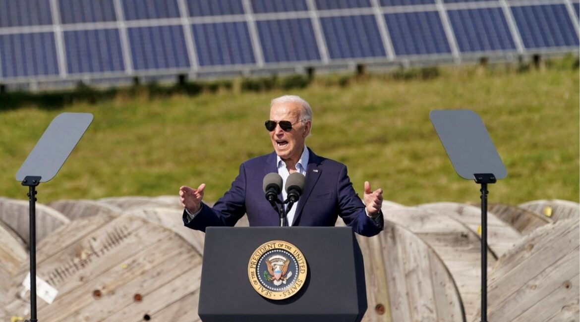 Solar panels at the background as U.S. President Joe Biden speaks during a visit to Vernon Electric Cooperative in Westby, Wisconsin, U.S., September 5, 2024. (Reuters File)