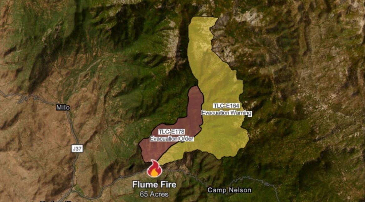 The Flume Fire in Sequoia National Forest has burned 65 acres near Highway 190 with no containment as of Monday, July 7, 2025, prompting evacuations in Tulare County. (CalFire)