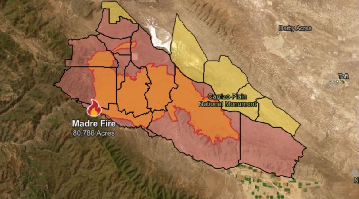 The Madre Fire near New Cuyama has burned over 80,000 acres, injured one firefighter, and prompted evacuation orders and warnings across multiple zones. (CalFire)