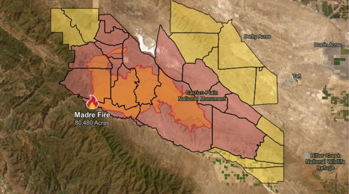 The Madre Fire near New Cuyama has burned over 80,000 acres, prompted widespread evacuations, and left one firefighter injured as crews work to contain the blaze. (CalFire)