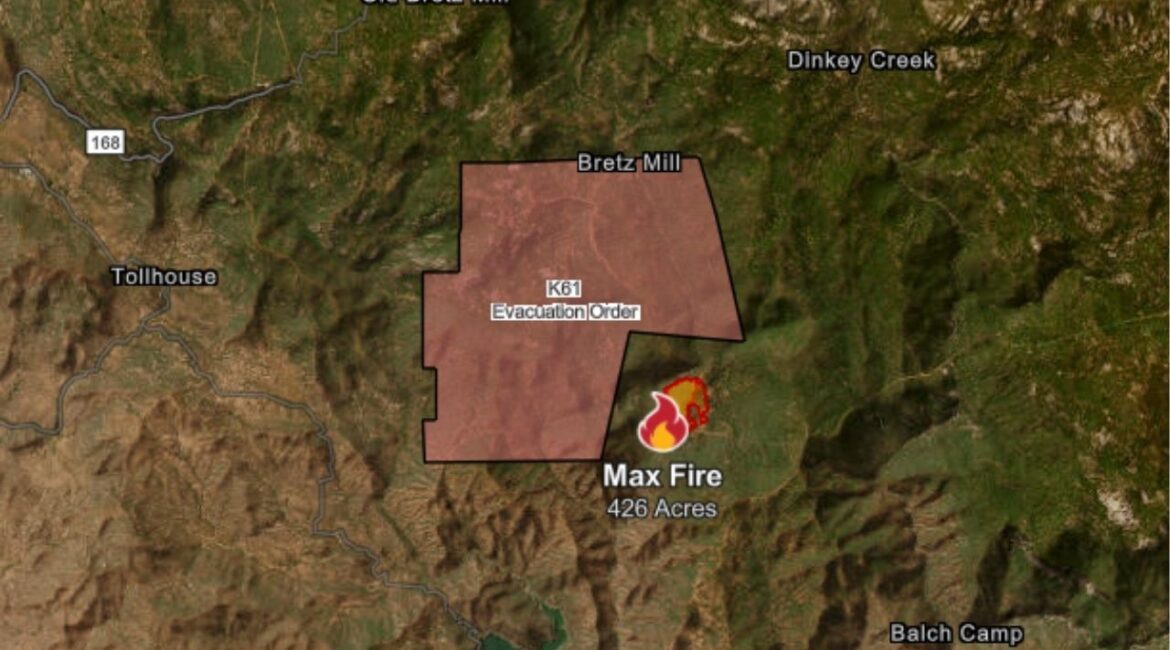 The Max Fire near Pine Flat Lake has burned 427 acres, is 5% contained, and continues to prompt evacuation orders in the Blue Canyon area as of Monday, July 14, 2025. (CalFire)