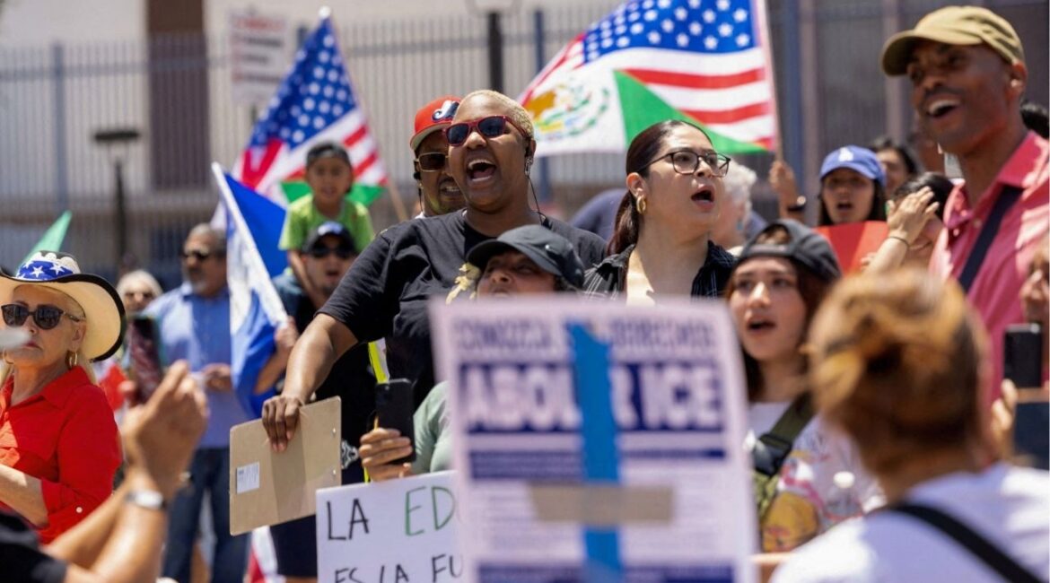 The crowd chants outside the Civic Center at the conclusion of a 'cabalgata' for human rights, following multiple detentions by Immigration and Customs Enforcement (ICE), in the Los Angeles County city of Compton, California, U.S., June 22, 2025. (Reuters File)