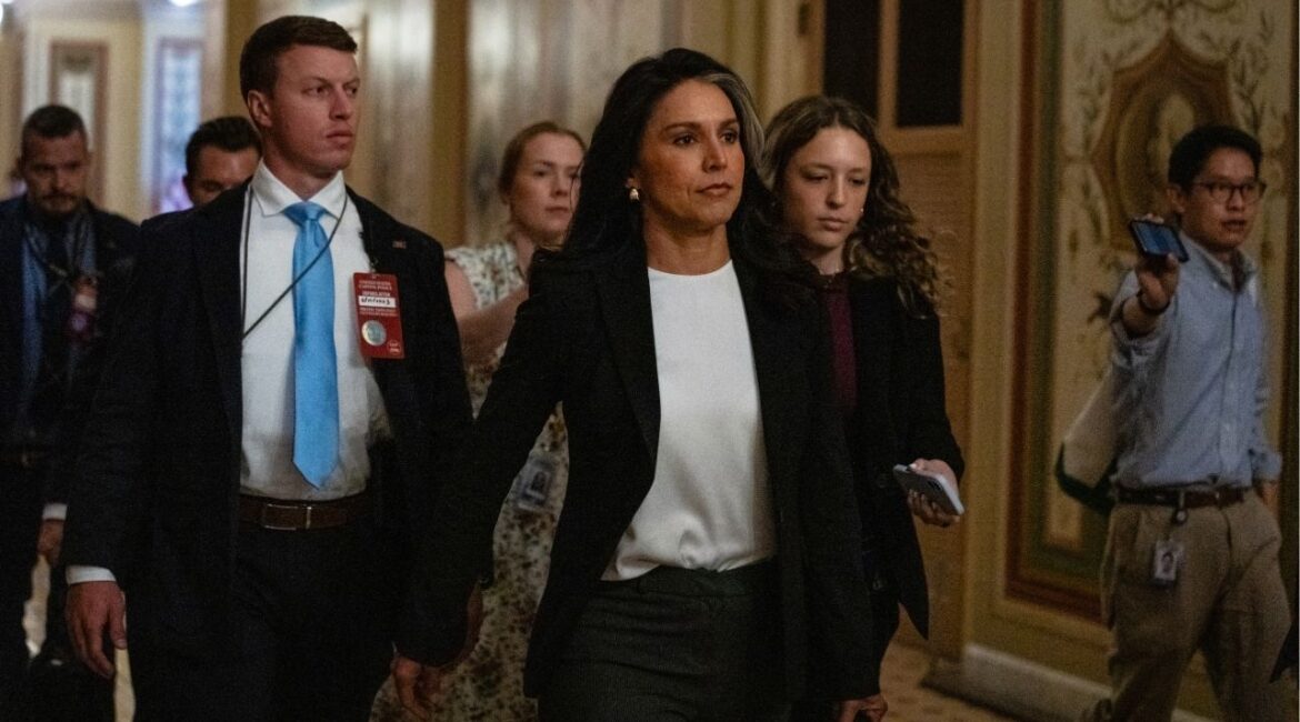 Tulsi Gabbard, the Trump administration’s director of national intelligence, at the Capitol on Tuesday, June 17, 2025. Gabbard released a declassified version of a 2020 House Intelligence Committee report on July 23, 2025 that she said undermined the conclusion of intelligence agencies during the Obama administration that Russia favored the election of Donald Trump in 2016. (Eric Lee/The New York Times)