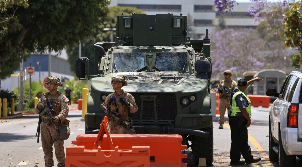 U.S. Marines stand watch at a checkpoint as they guard a federal building, in Los Angeles, California, U.S. June 20, 2025. (Reuters File)