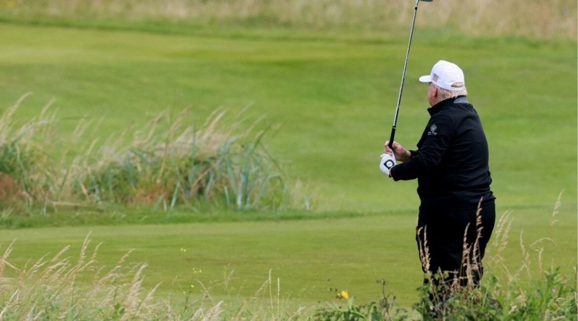 U.S. President Donald Trump golfs at Trump Turnberry resort in Turnberry, Scotland, Britain, July 26, 2025. (Reuters/Phil Noble)