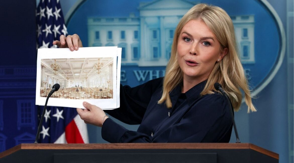White House Press Secretary Karoline Leavitt holds an image of a rendering of the new White House ballroom to be built, during a press briefing at the White House in Washington, D.C., U.S., July 31, 2025. (Reuters/Evelyn Hockstein)